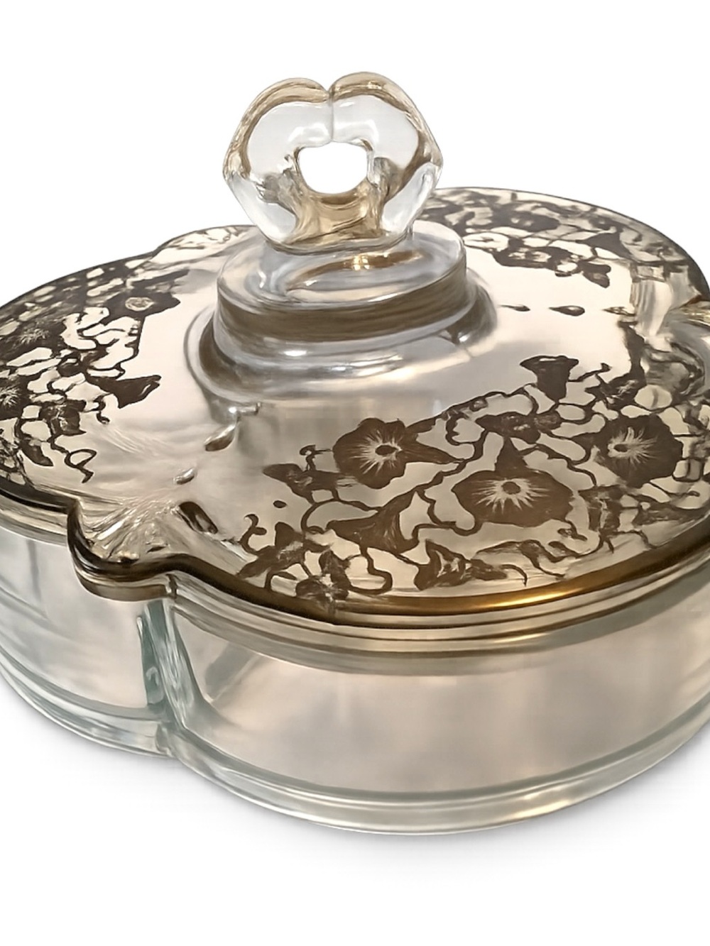 Vintage Paden City Glass 3-Part Divided Candy Dish Silver Overlay w/ Lid